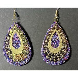 Glitter Purple Faux Leather &  Gold Drop Teardrop Lightweight Hook Dangle